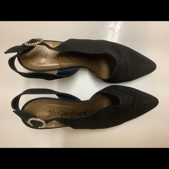 Yves Saint Laurent black fabric sling back heels with rhinestone buckles 7M - Picture 3 of 15